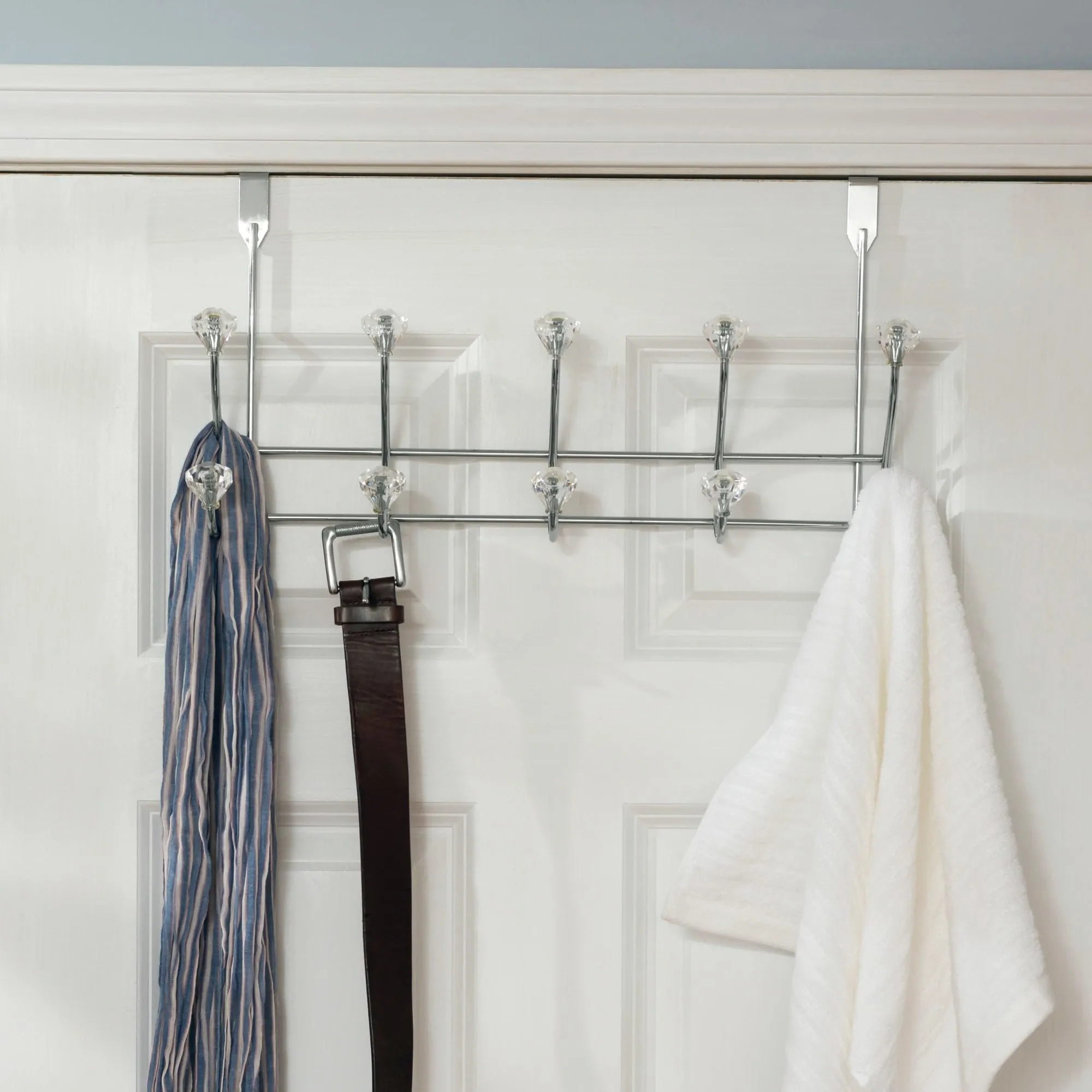 5 Hook Over the Door Hanging Rack with Crystal Knobs,Chrome