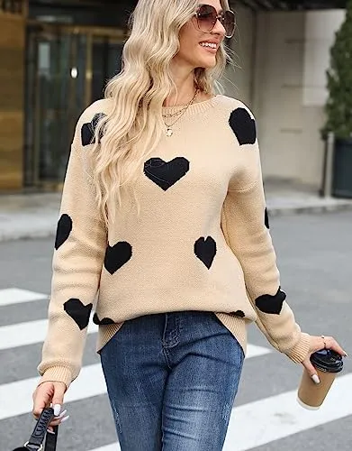 Alsol Lamesa Women's Fall Pullover Sweaters Cute Hearts Long Sleeve Crewneck Casual Knitted Sweaters