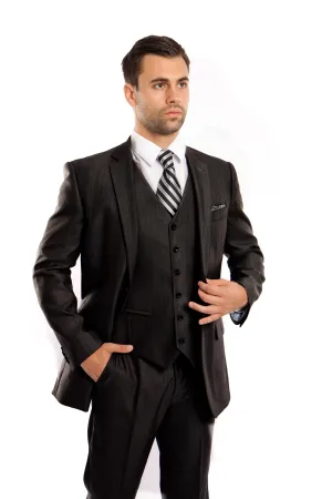 Black Solid Shiny Sharkskin 3-PC Regular Modern Fit Suits