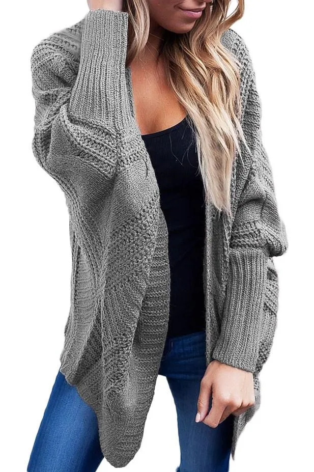 Casual Grey Ribbed Cuffs Dolman Sleeved Cardigan