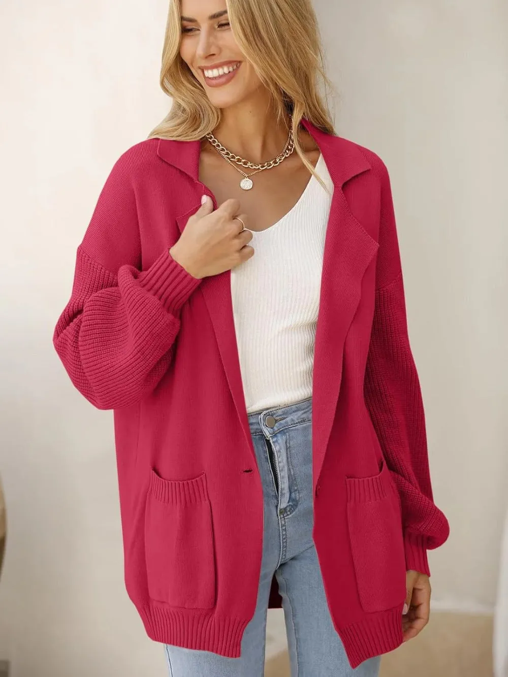 Collared Button-Down Cardigan with Pockets