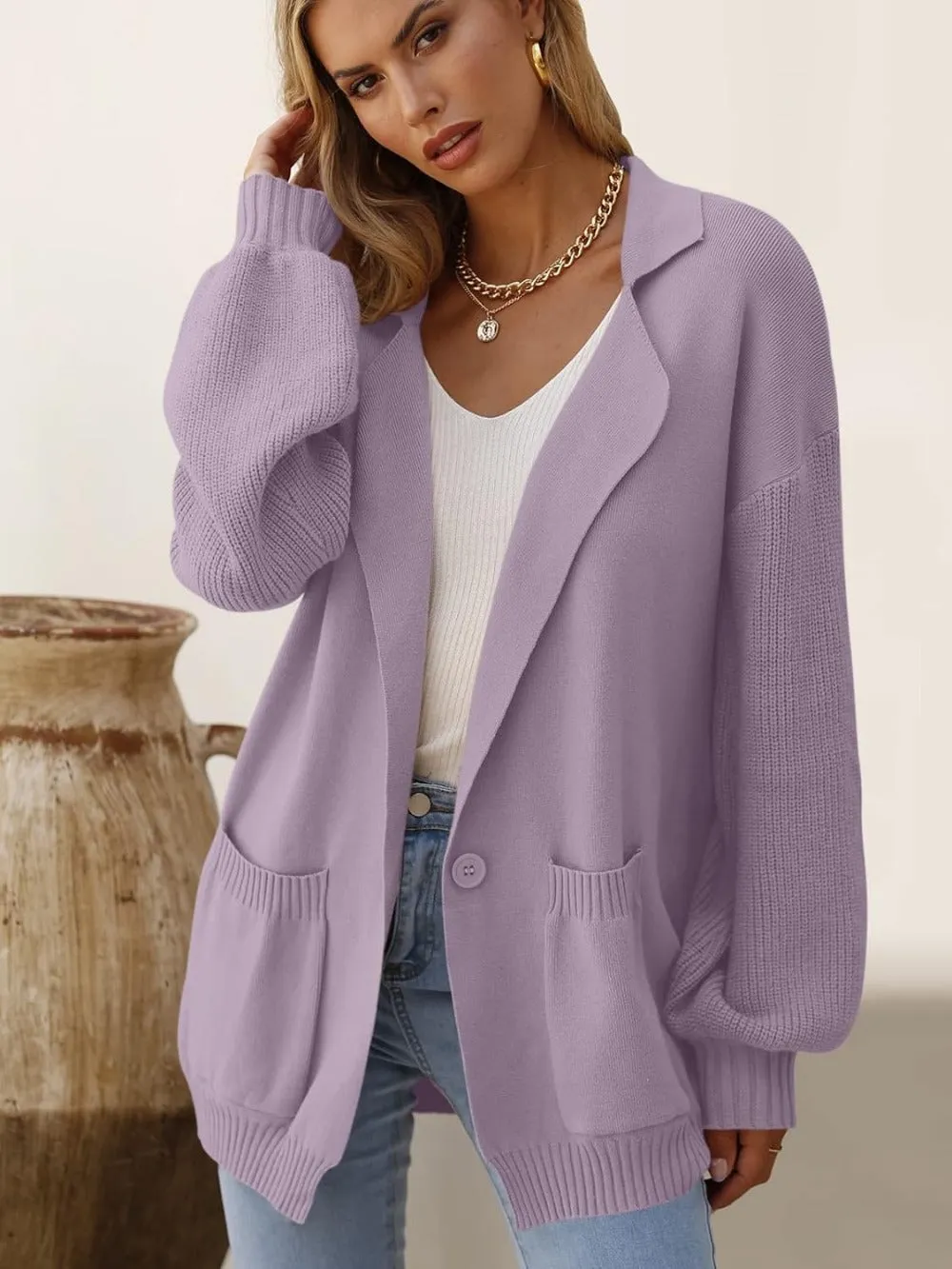 Collared Button-Down Cardigan with Pockets