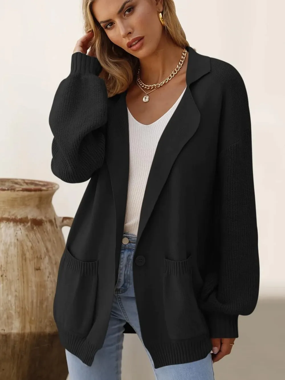 Collared Button-Down Cardigan with Pockets