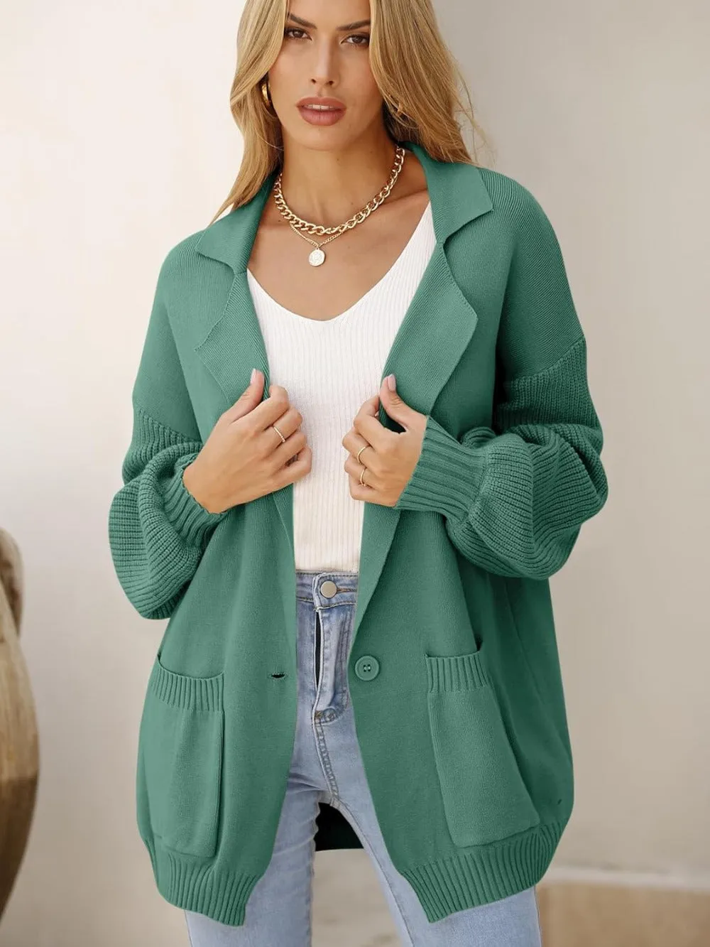 Collared Button-Down Cardigan with Pockets