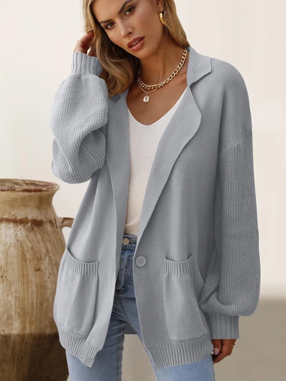 Collared Button-Down Cardigan with Pockets