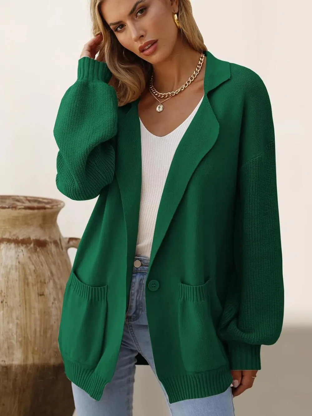 Collared Button-Down Cardigan with Pockets