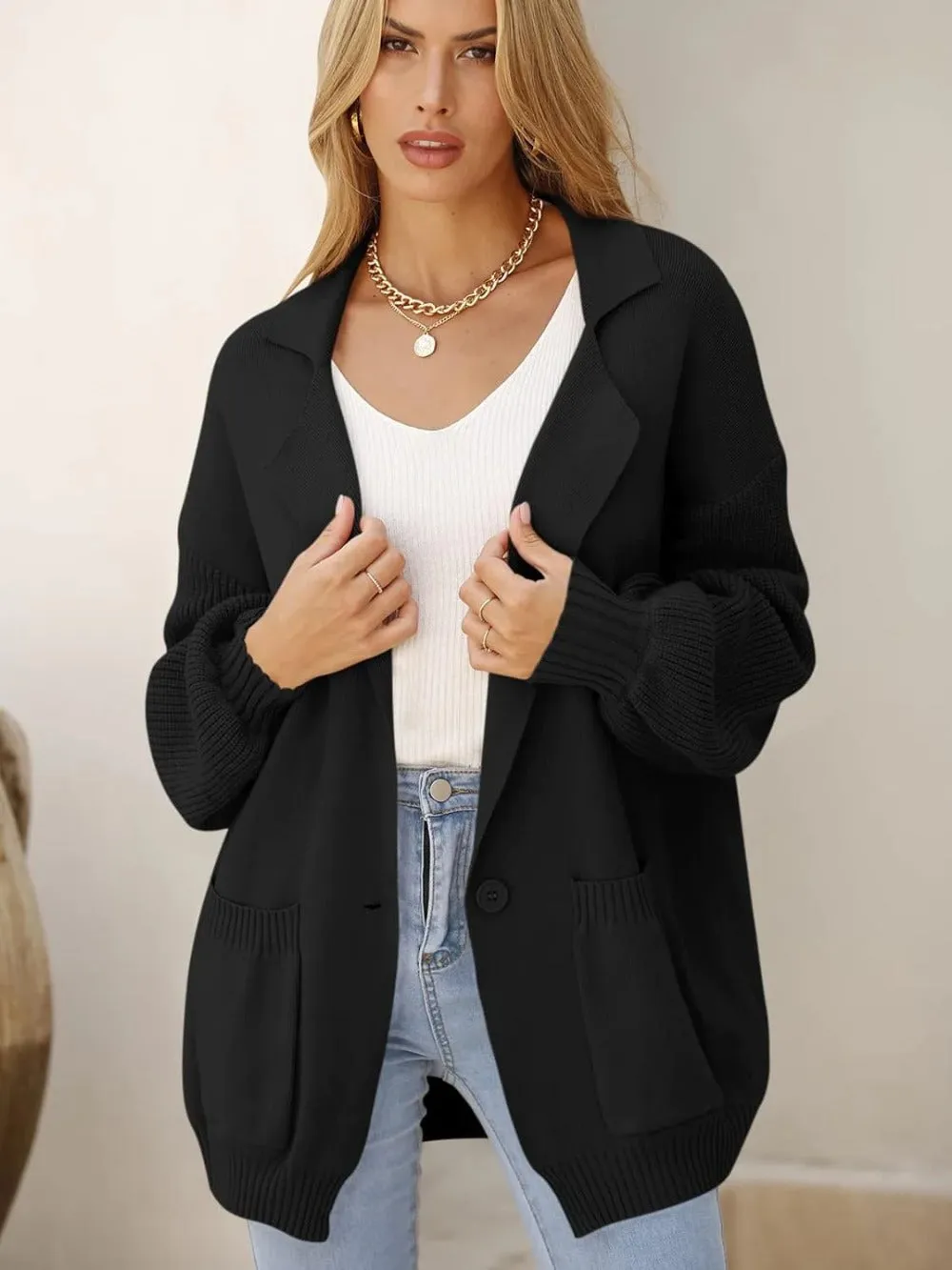 Collared Button-Down Cardigan with Pockets