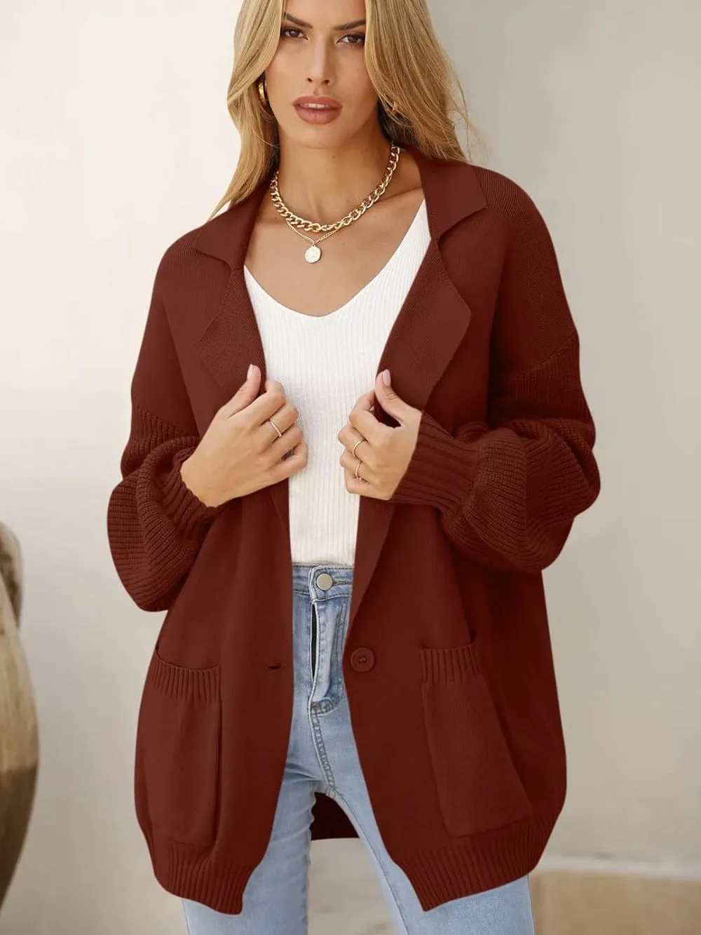 Collared Button-Down Cardigan with Pockets