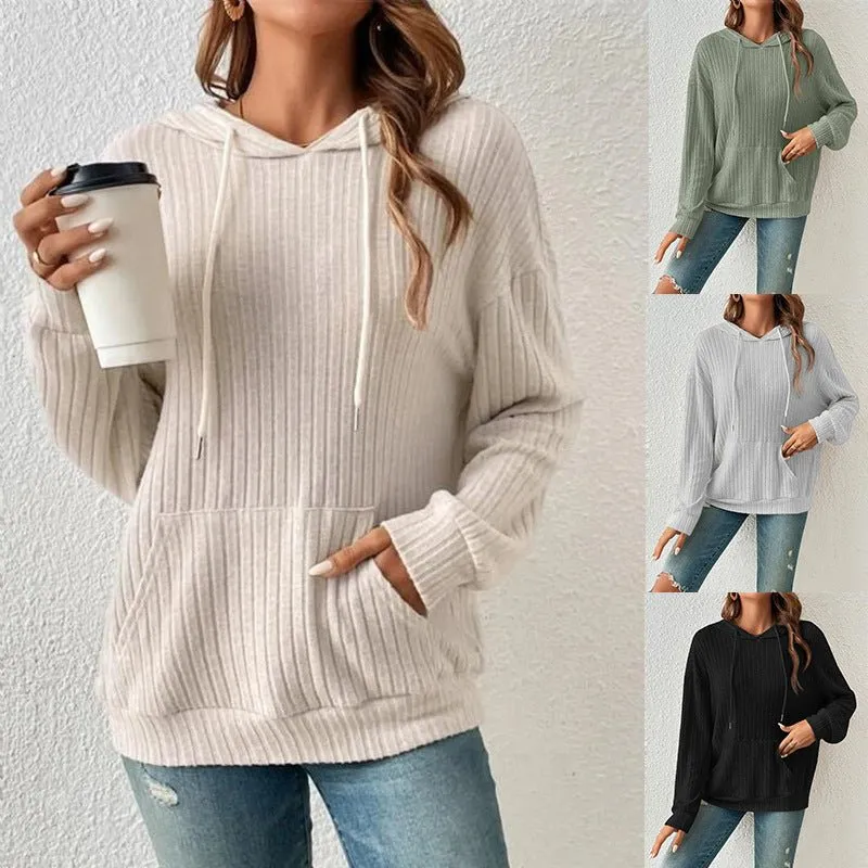 Fashion Drawstring Long-Sleeved Hooded Sweatshirt With Pockets Solid Knitwear Hoodie Women's Clothing