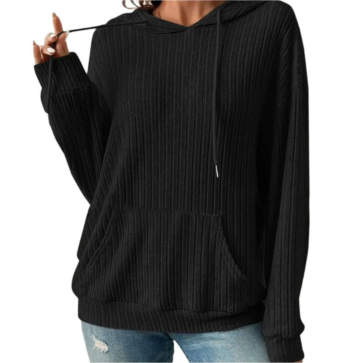 Fashion Drawstring Long-Sleeved Hooded Sweatshirt With Pockets Solid Knitwear Hoodie Women's Clothing