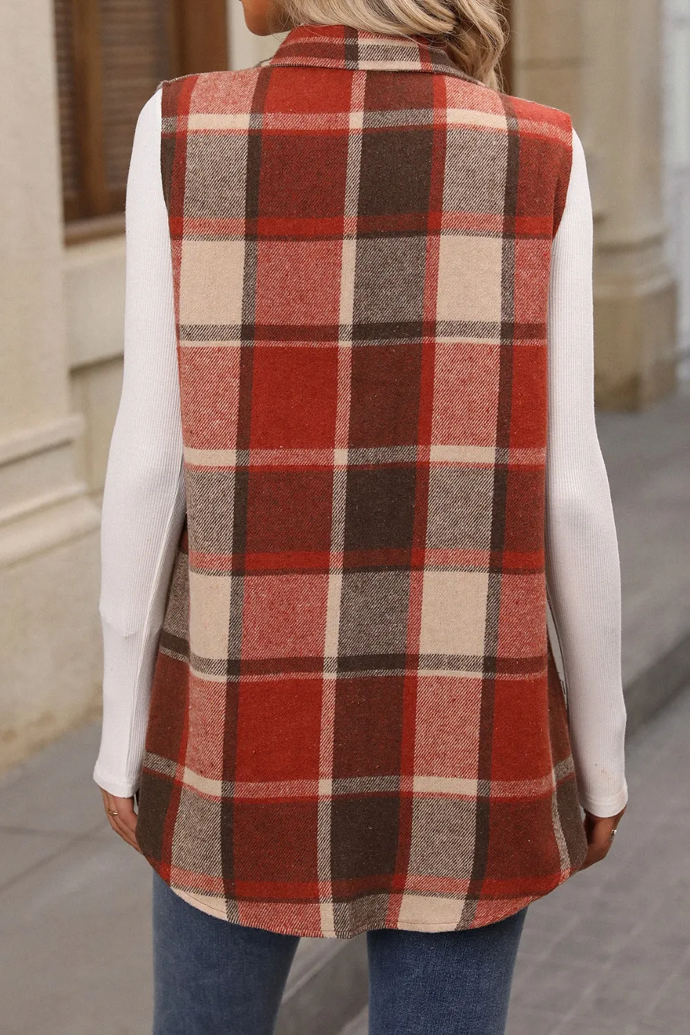 Festive Plaid Button Up Vest Coat