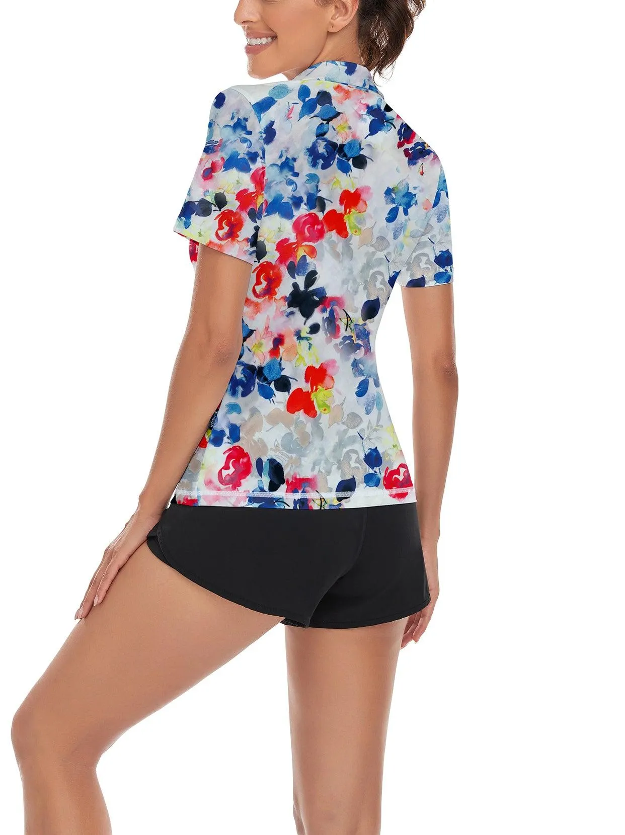 Floral Fragments on White Background Short Sleeve Golf Shirt Short-sleeve Golf Polo for Ladies