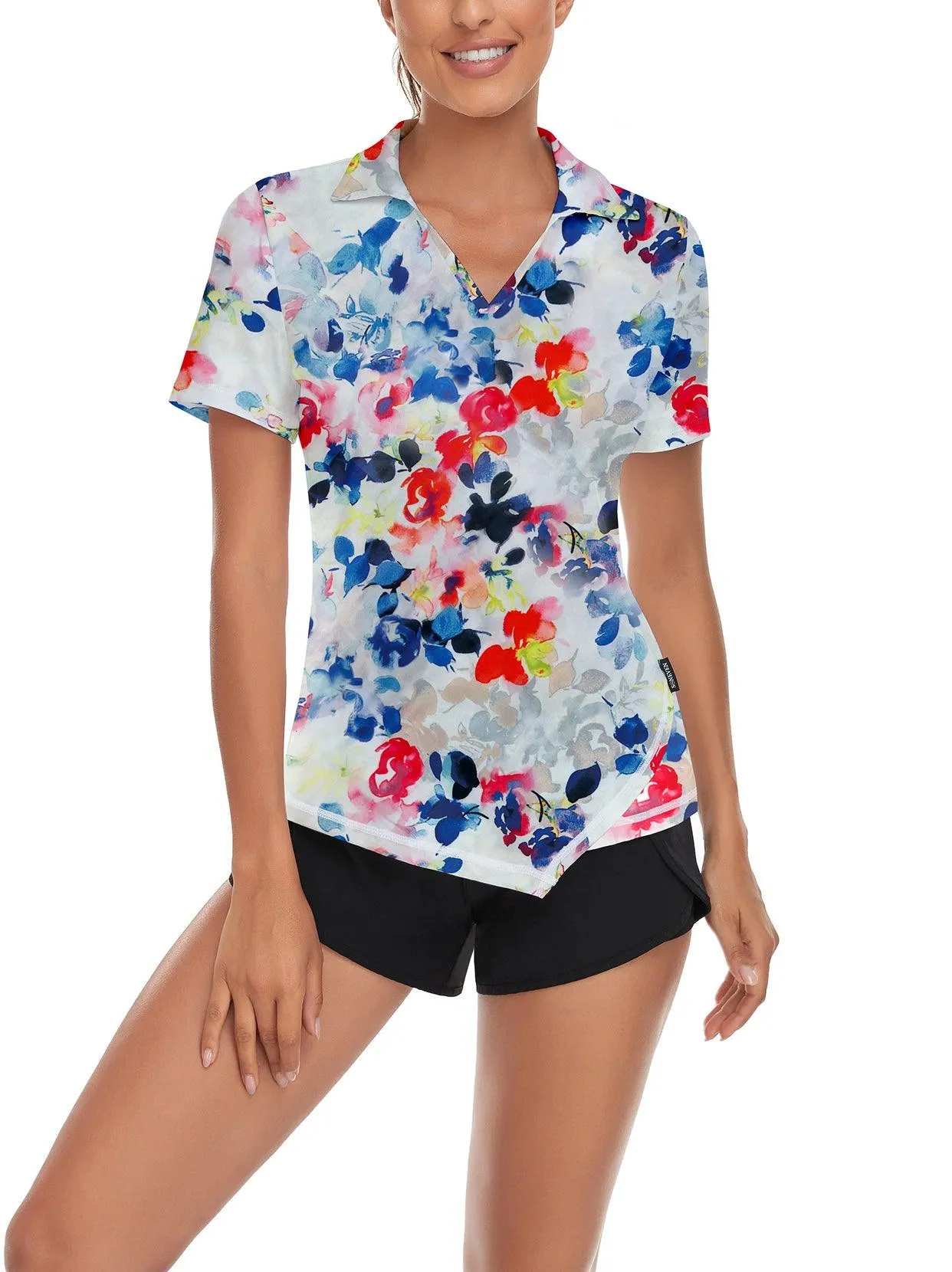 Floral Fragments on White Background Short Sleeve Golf Shirt Short-sleeve Golf Polo for Ladies