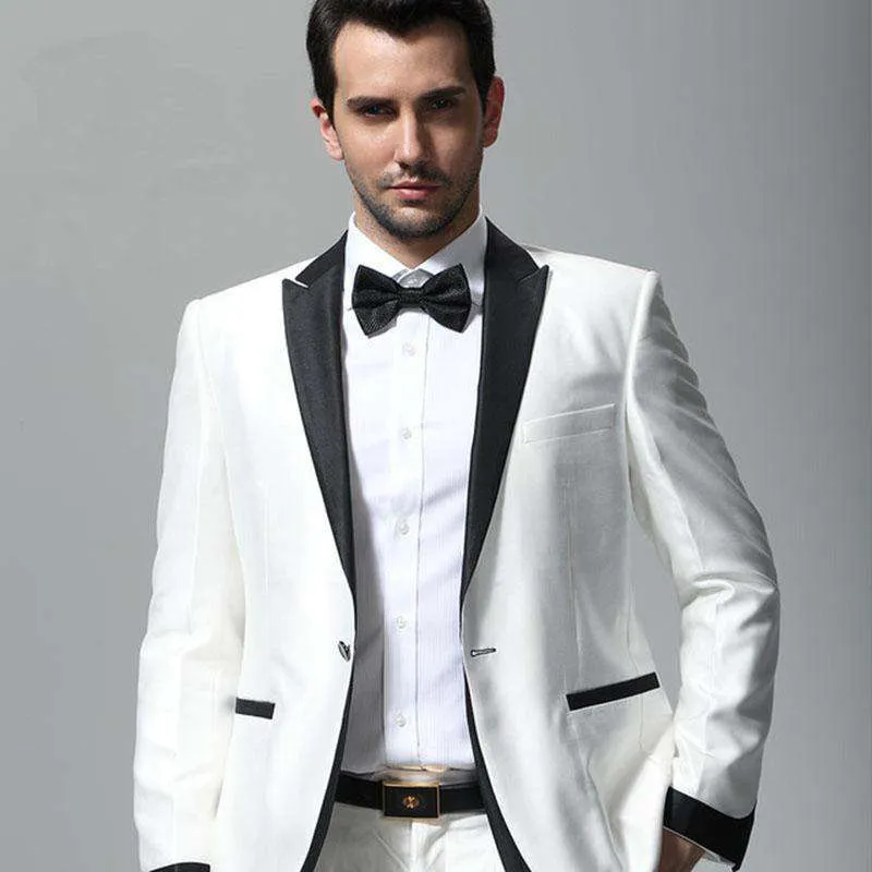 Ivory Tuxedo With Black Lapel Slim Fit Suit  ( jacket Pants tie)