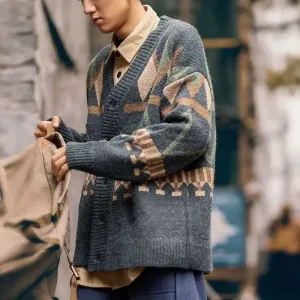 Knitted Sweaters for Men Graphic Man Clothes Japanese Retro Coat Cardigan Jacket V Neck Argyle Plus Size Cotton Winter 2025 X S