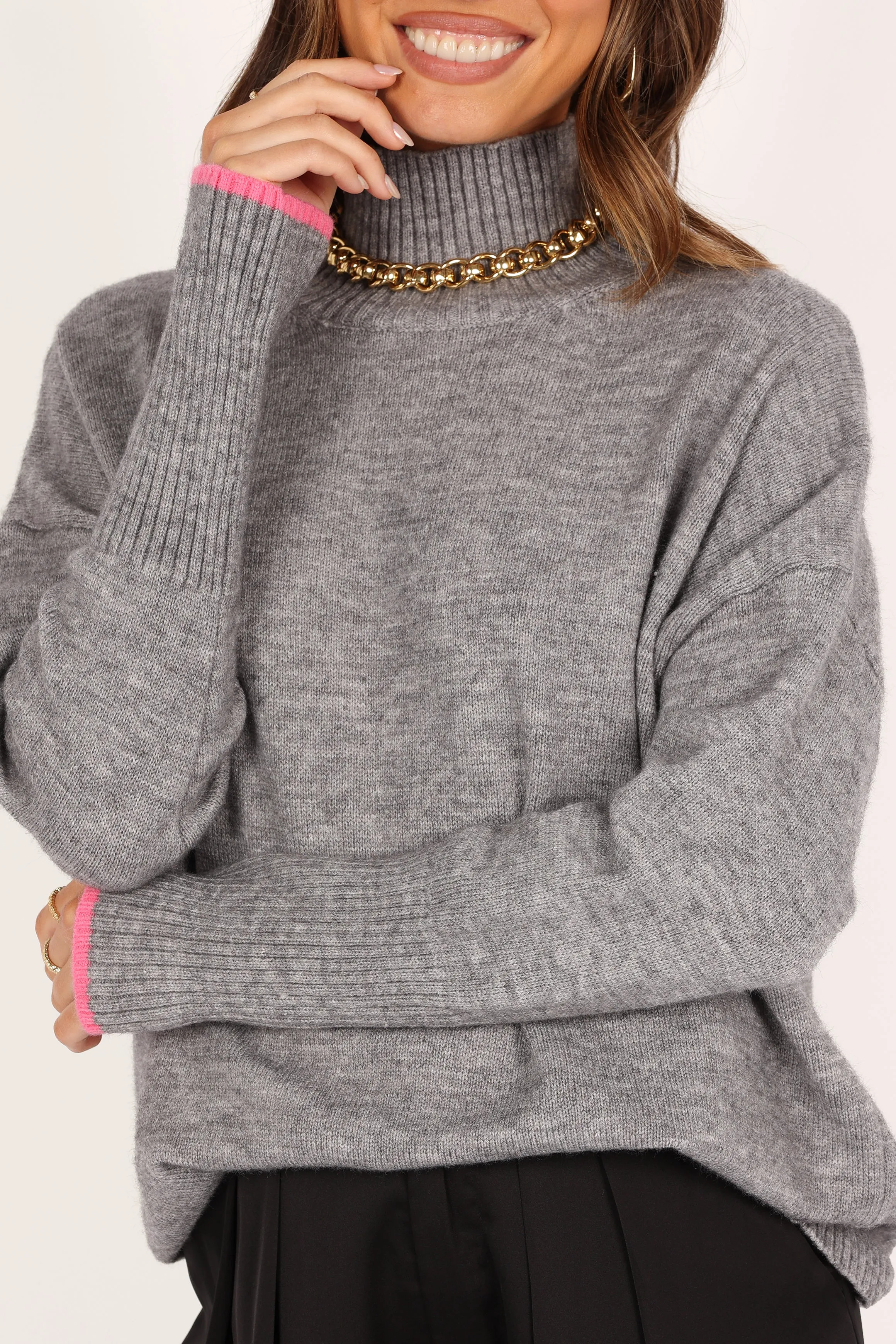 Lacey Turtleneck Contrast Sleeve Knit Sweater - Grey