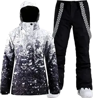 Matched Ski Jacket and Bibs Pants Set Female Colorful Prints Skiwear