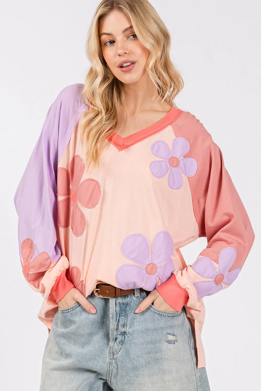 SAGE   FIG Full Size Daisy Applique Patch Color Block Long Sleeve Top