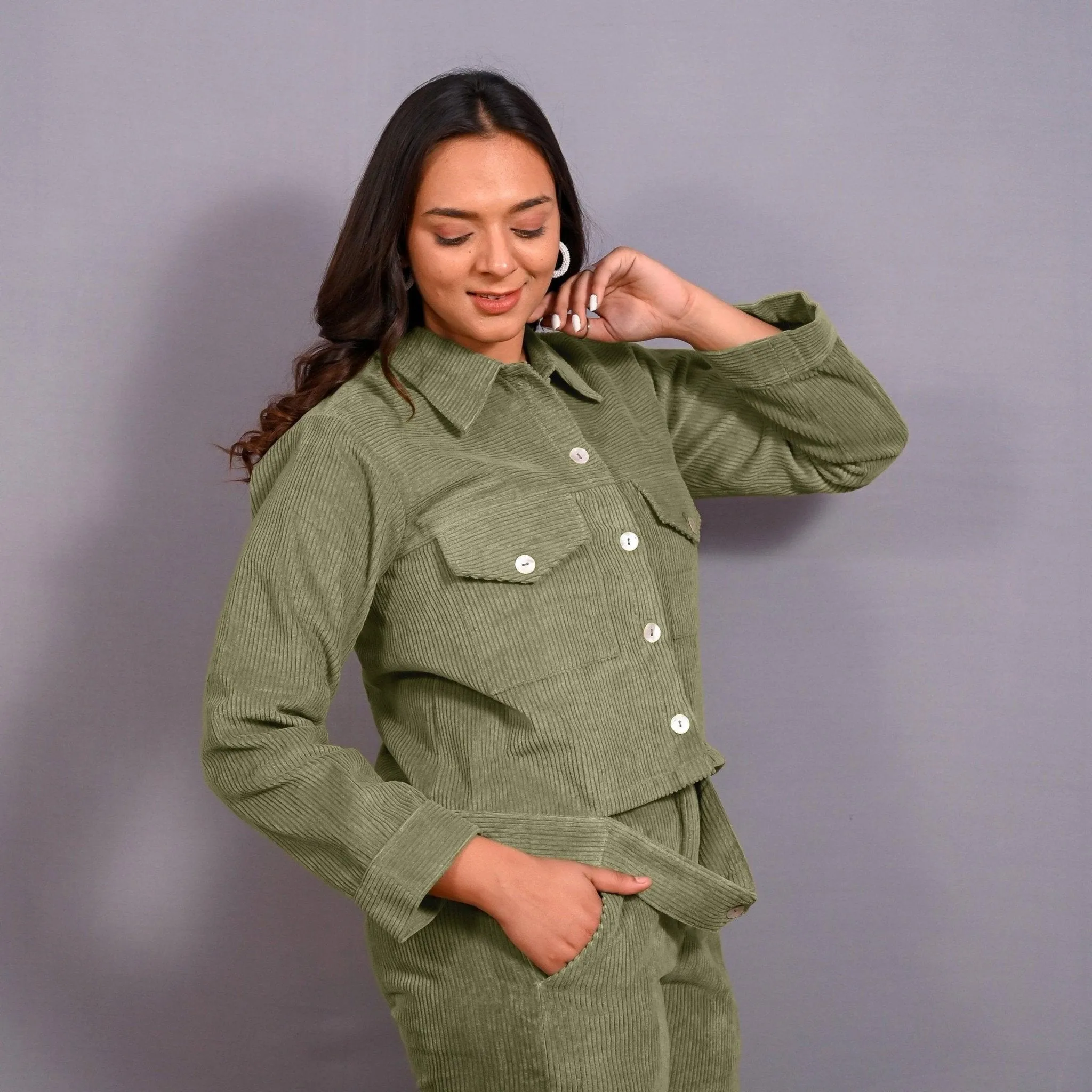 Sage Green Warm Cotton Corduroy Button-Down Shacket