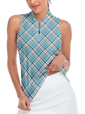 Soneven Ladies Golf Sleeveless Polo-??Blue Checkerboard Racerback Athletic Polo Shirts Moisture Wicking Tennis Shirts