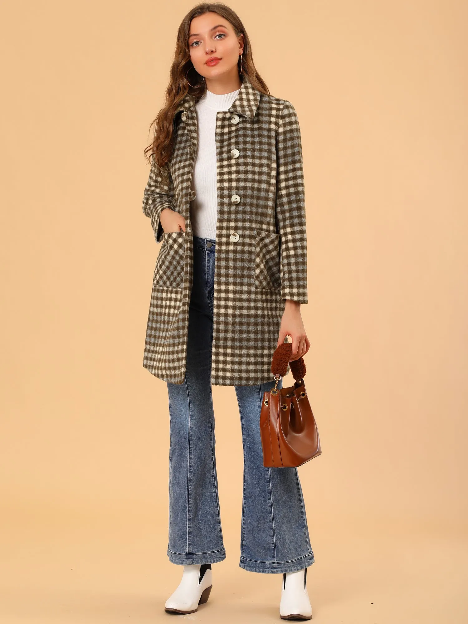 Turnover Collar Winter Elegant Woolen Blend Long Plaid Coat