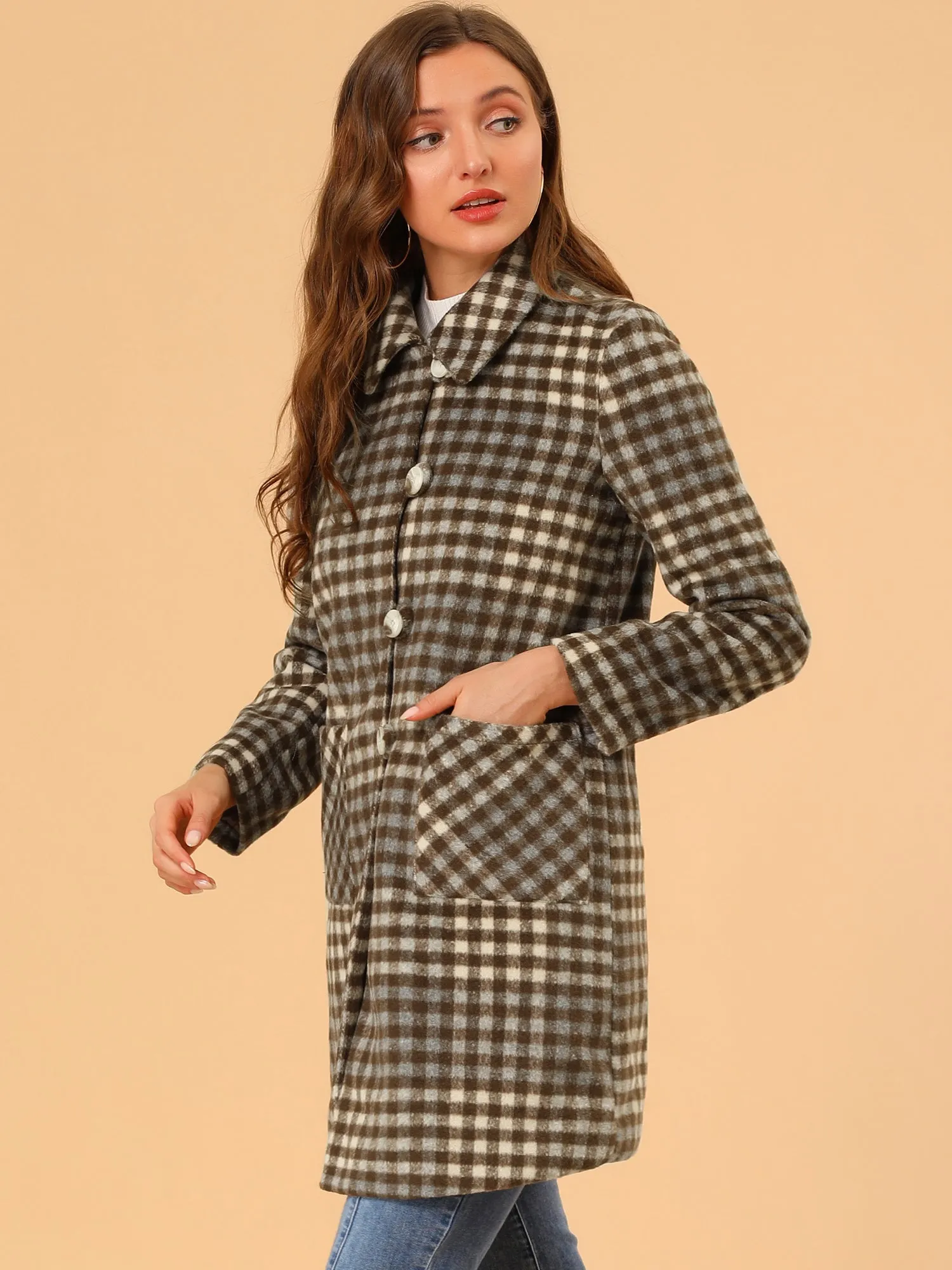 Turnover Collar Winter Elegant Woolen Blend Long Plaid Coat