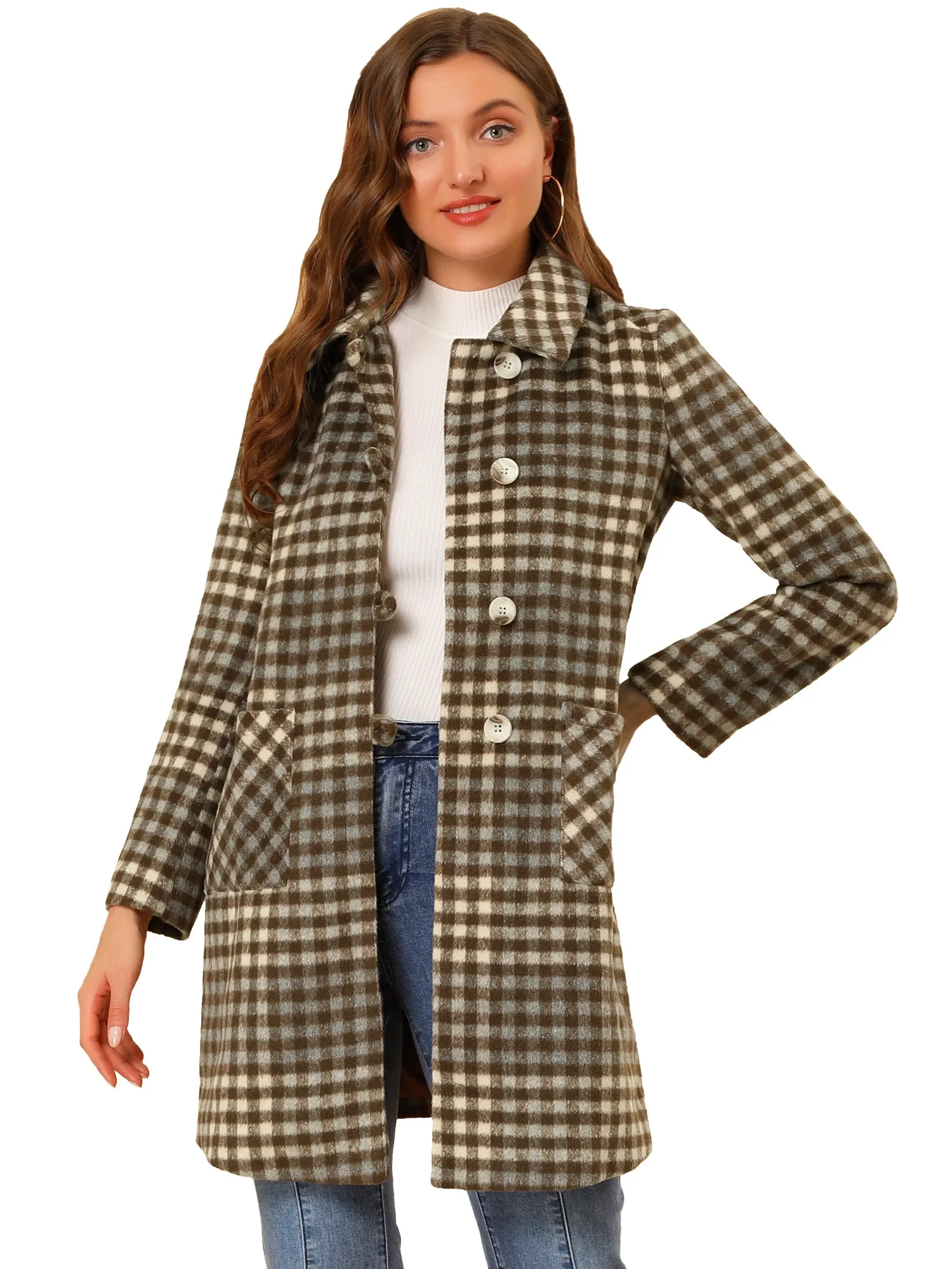 Turnover Collar Winter Elegant Woolen Blend Long Plaid Coat