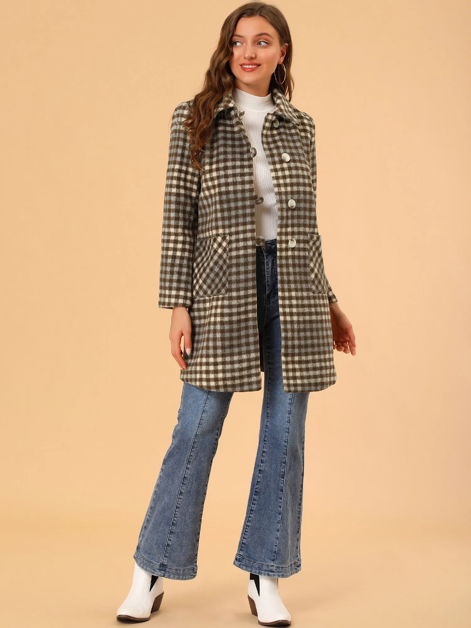 Turnover Collar Winter Elegant Woolen Blend Long Plaid Coat