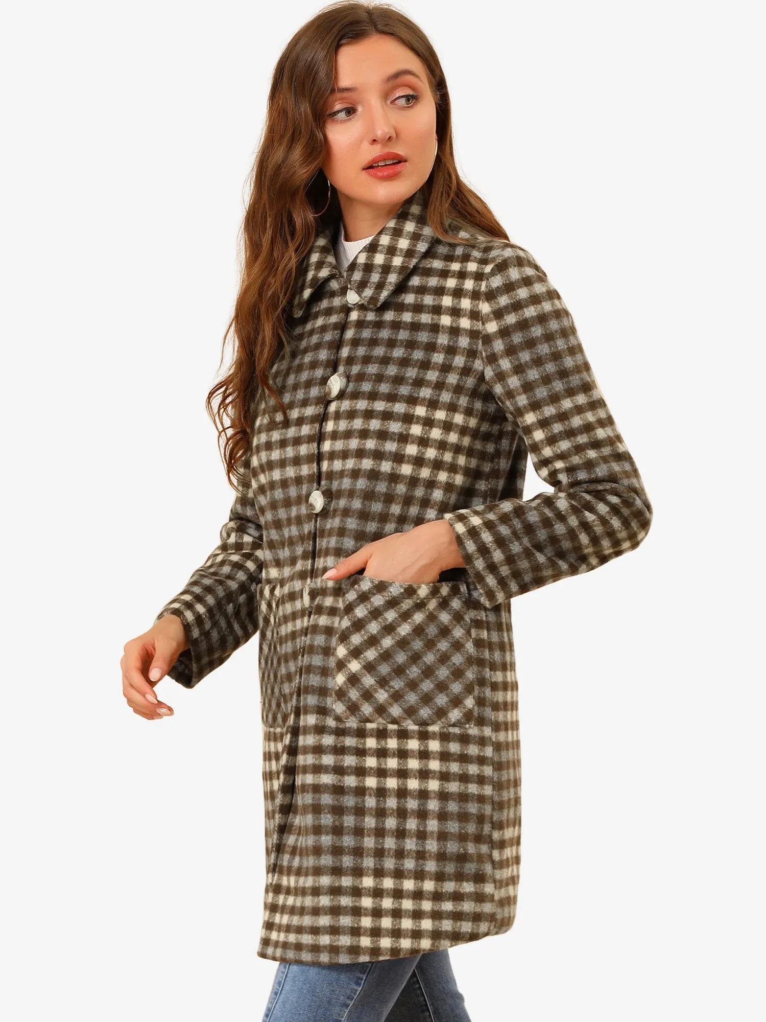 Turnover Collar Winter Elegant Woolen Blend Long Plaid Coat