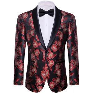 YourTies Black Red Floral Silk Shawl Collar Slim Fit Suit for Men